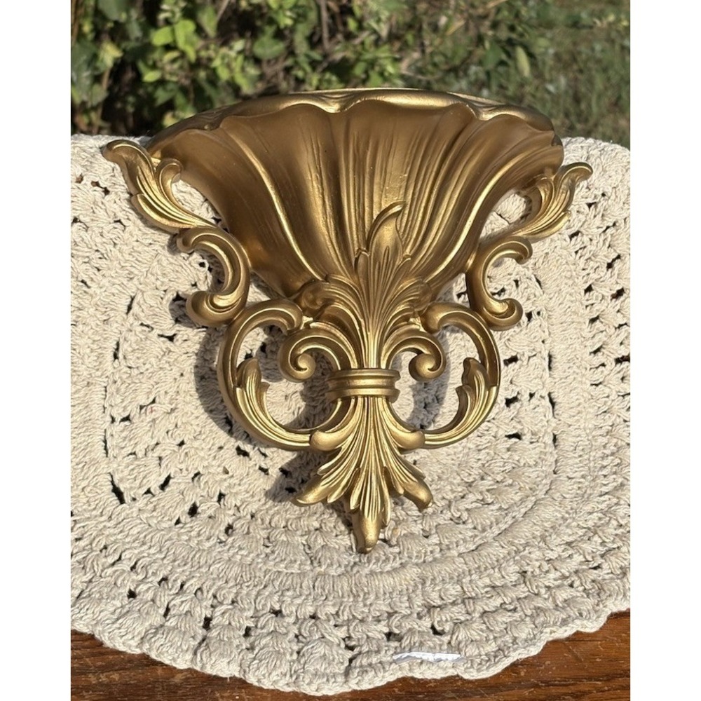 Vintage Gold Wall Pocket Planter Homco Syroco Hollywood Regency 9.5 X 8" Plastic